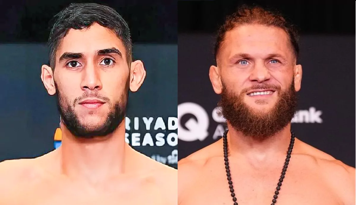 Portrait face à face de Fares Ziam (gauche) et Rafael Fiziev (droite) — deux combattants UFC poids léger s'apprêtant à s'affronter dans l'octogone, duel de frappeurs d'élite MMA 2026