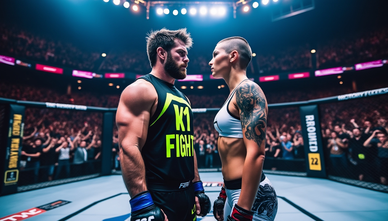 Face à face de deux combattants MMA (un homme en t-shirt K1 Fight et une femme tatouée au crâne rasé) dans une arène comble sous les projecteurs — illustration de la recherche de sponsors et de visibilité pour les combattants professionnels de MMA en France