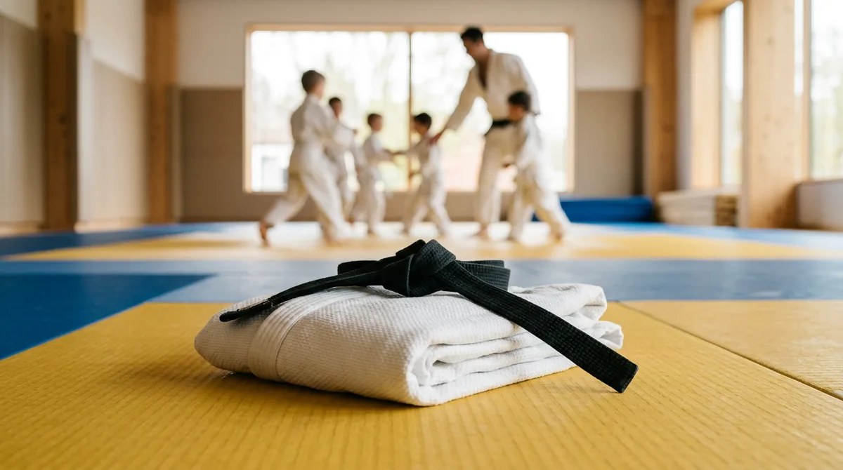 Kimono et ceinture noire sur un tatami de judo en France avec cours enfants en arriere-plan