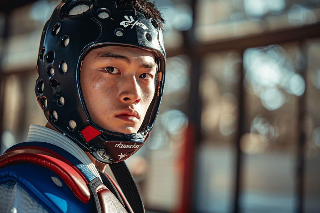 Pratiquante de taekwondo en dobok blanc exécutant un coup de pied haut en compétition, avec protège-tête rouge, protège-tibias et protège-pieds homologués WT sur tatami bleu et rouge