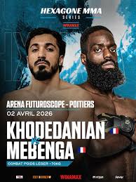 Affiche officielle Khodedanian vs Mebenga - Hexagone MMA Series - Arena Futuroscope Poitiers - 2 avril 2026