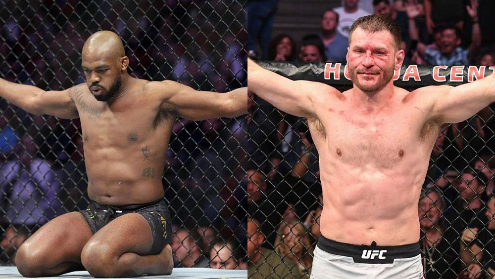 Jon Jones et Stipe Miocic en pose dans la cage UFC, poids lourds champions